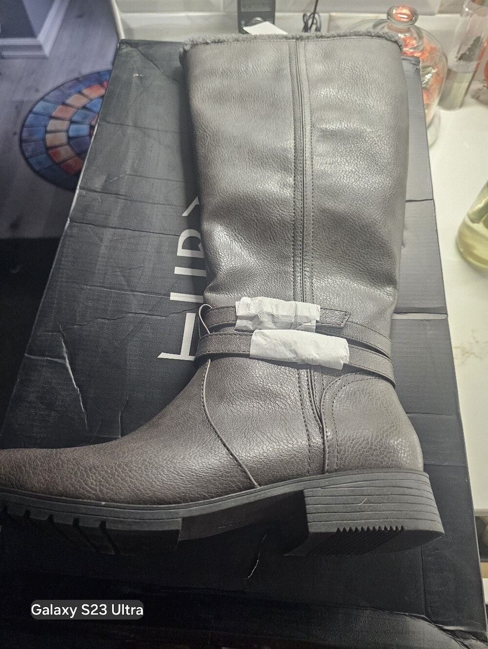 Womens Wide Calf Gray Leather Knee-High Boot with Strap Detail